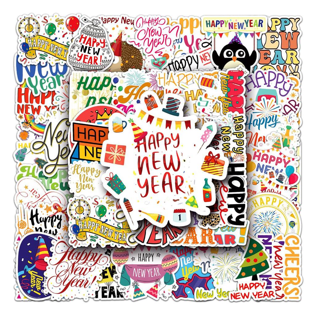 50 Happy New Year Doodle Decoration Festival English Stickers DIY Mobile Case Suitcase Stickers Waterproof