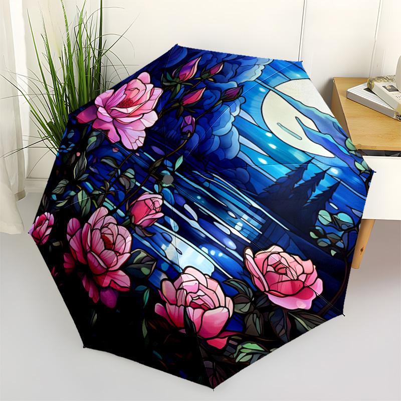 1pc Moonlit Garden Scene Automatic Folding Umbrella. Portable collapsible design, Best  birthday festival gift yy250924130