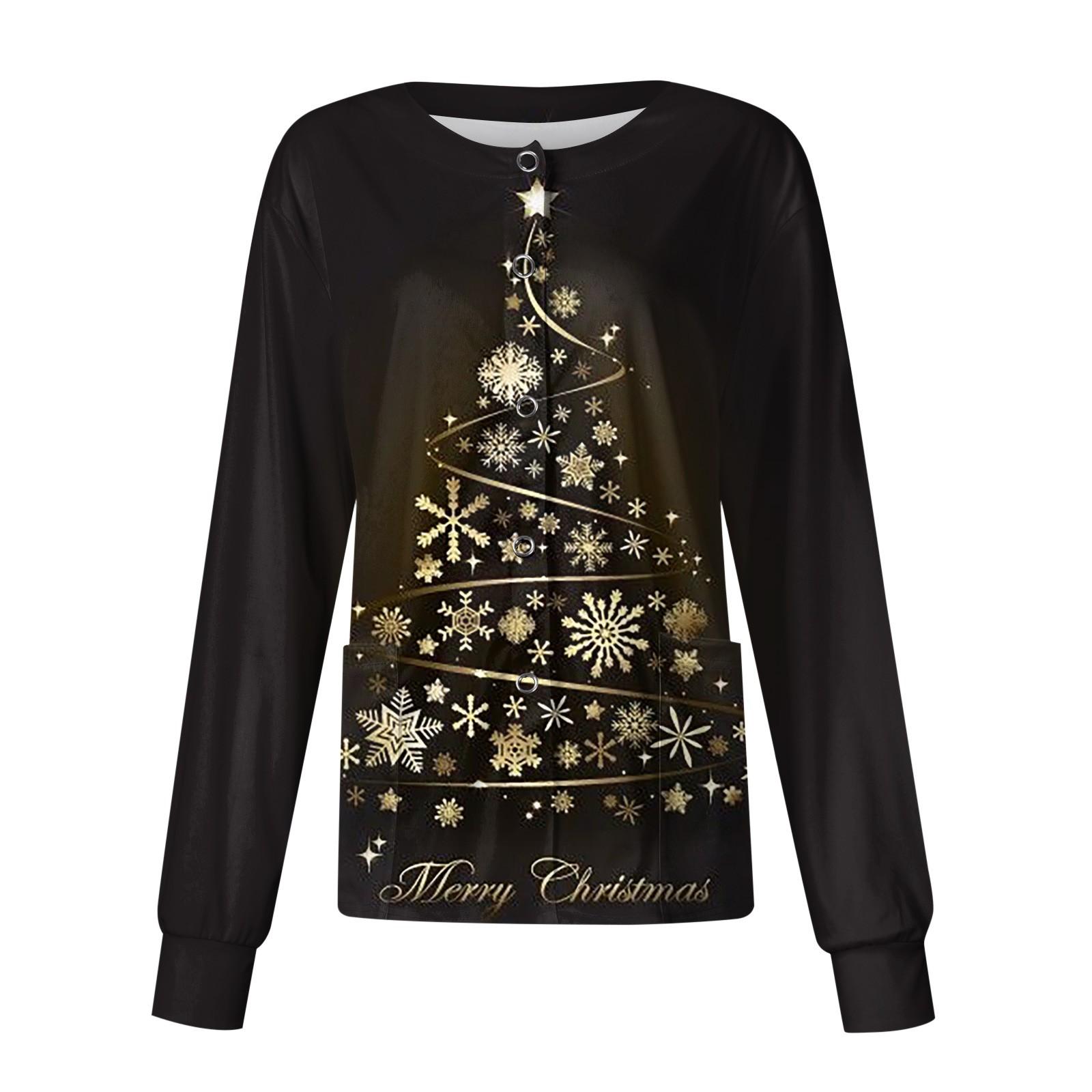 

Женский однобортный защитный комбинезон с длинным рукавом и рождественским принтом, карманный рабочий воротник-стойка, кардиган, куртка, топ L чёрный