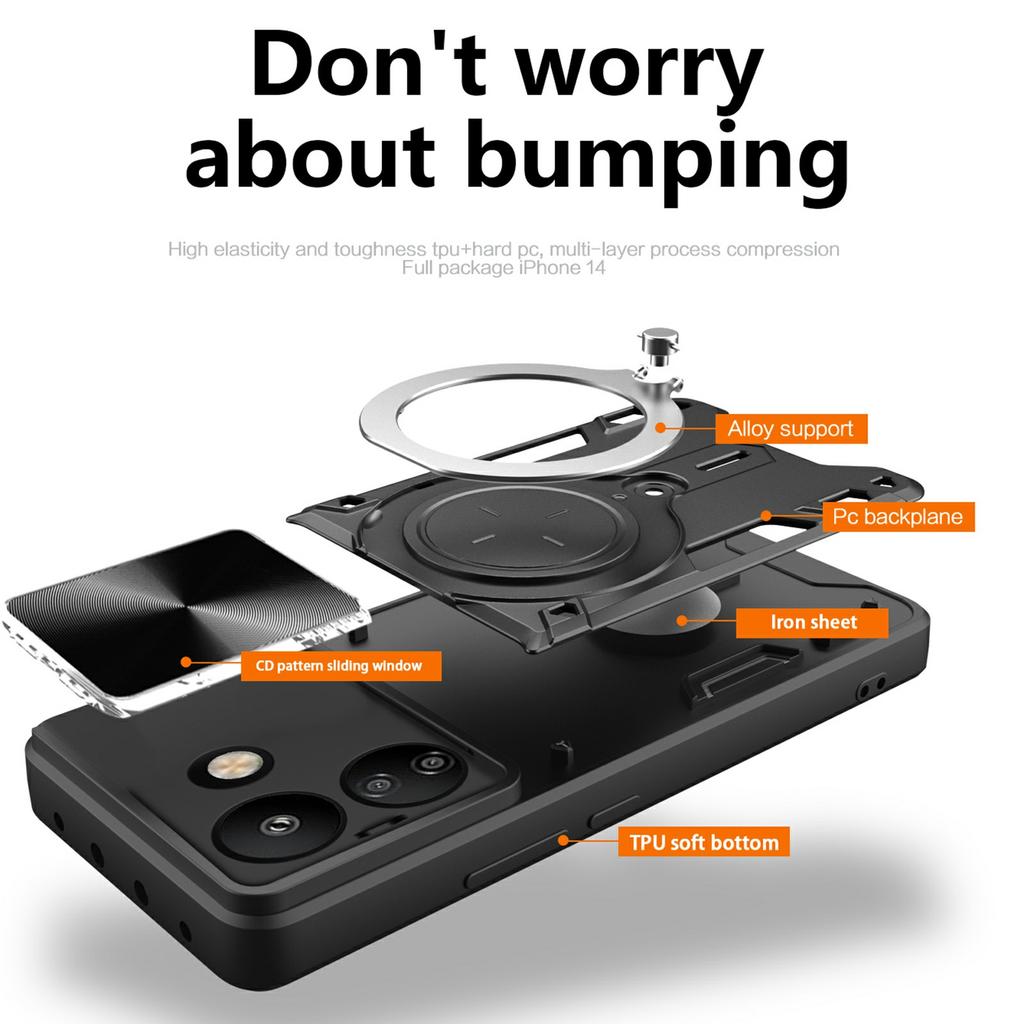 For Xiaomi Redmi 13C 4G/Poco C65 4G Case Slide Camera Lid TPU+PC Hybrid Phone Cover with Kickstand