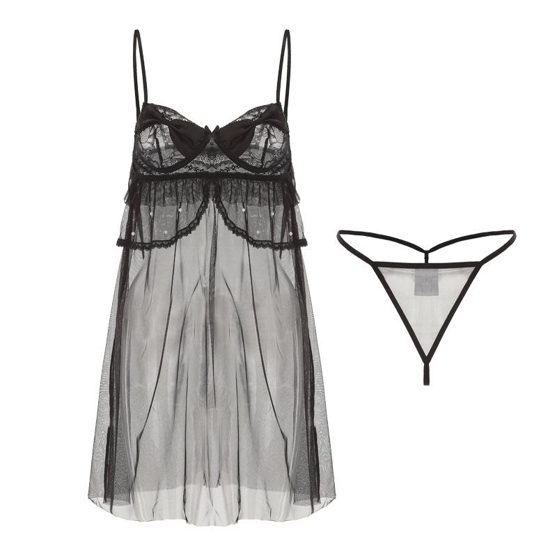 Women's Lace Mesh Sheer Pearl Bow Trim Sleep Dress with Robe Lingerie Set