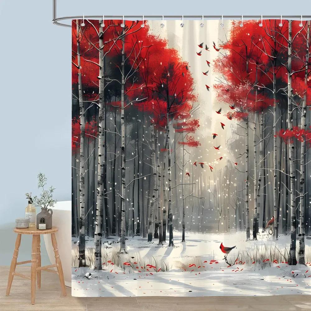 Cute Forest Animals Shower Curtain Winter Snow Fox Red Bird Deer Bear Rabbit Polyester Shower Curtains Bathroom Decor with Hooks