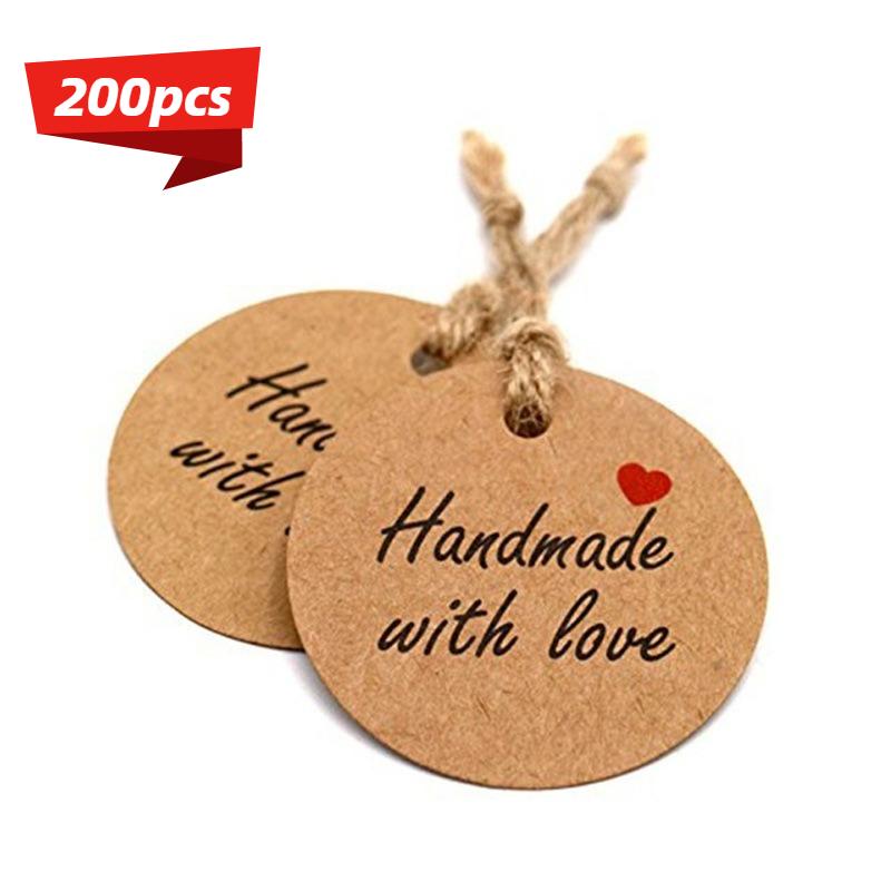 Kraft Paper Hang Tags with "Handmade with Love" Stamp, 20.0 meter Twine String Included, Blank Gift Labels for Crafts, Packaging