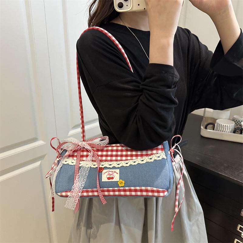 Street Style Small Crossbody Bag With Denim Red Plaid Pattern For Daily Use