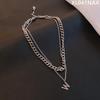 Dark Night 77 Stainless Steel Layered Clavicle Necklace - Hip Hop W-Letter Design, Versatile Titanium Steel Short Chain for Women