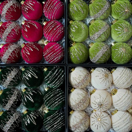 12 Pcs Velvet Glitter Christmas Ball Ornaments 3.15" Shatterproof Flocked Sequin Balls Christmas Tree Ornaments for Indoor Outdoor Holiday Party Decor