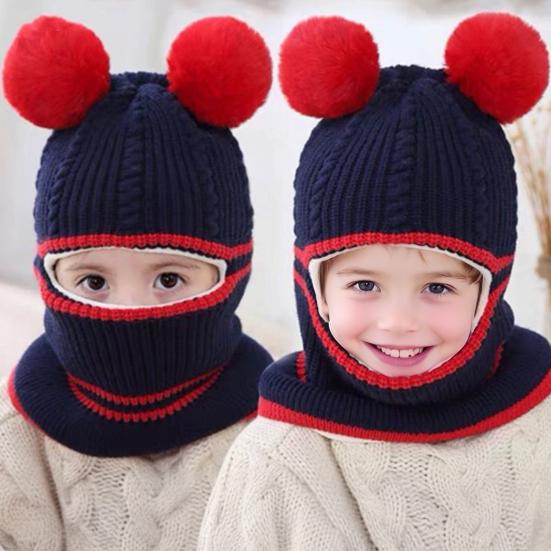 Children Hat Plush Balls Decor Thickened Knitting Hat 3-in-1 Design Hat Scarf Face Guard Headgear Elastic Fit Windproof Hat