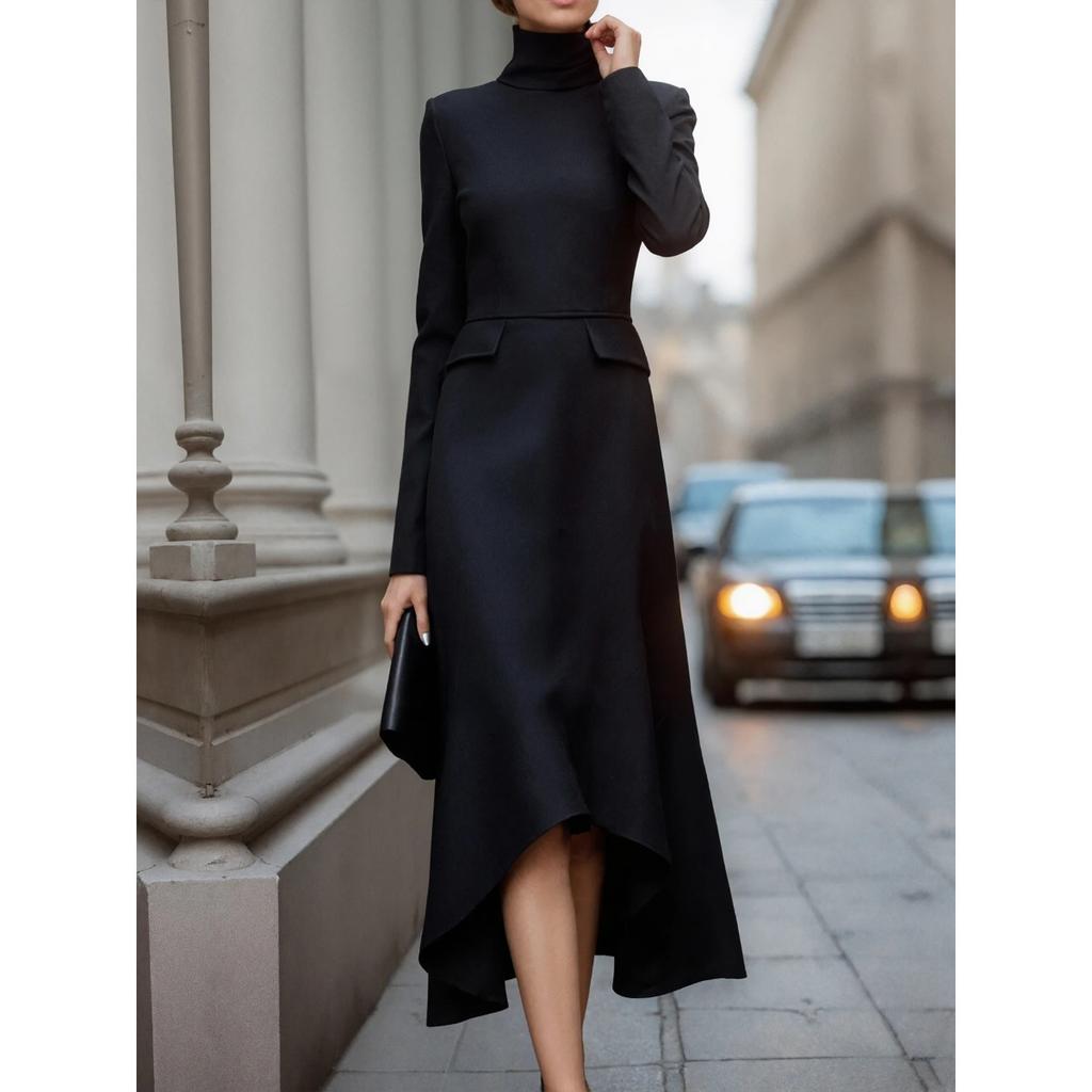 Nowa Elegancka Długa Sukienka Damska Jednokolorowa, Rozkloszowana, Można Prać w Pralce, Odpowiednia na Wiosnę i Jesień