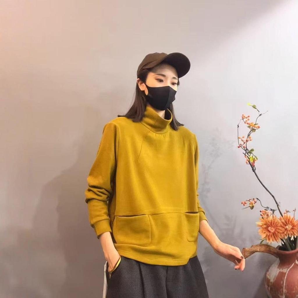 2025 Winter Velvet Color Block High Neck Warm Hoodie with Double Pockets for Women