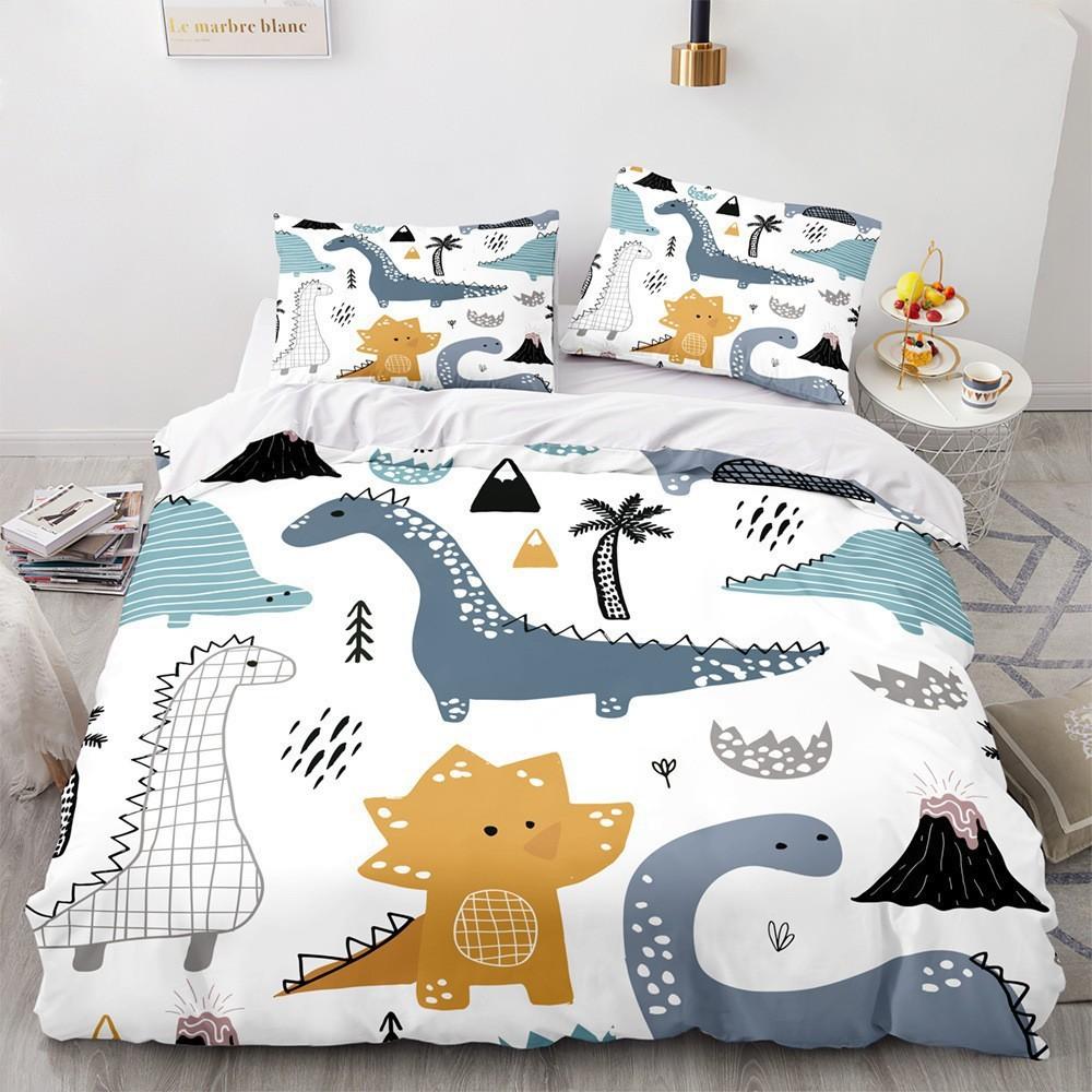 Dinosaur Bedding Set - 3 Piece Kids' Dinosaur Cartoon Bed Sheet and Pillowcase Set