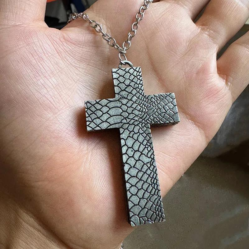 Cross Pendant Necklace with Secret Compartment Openable Stainless Steel Chain Pendant Necklace Vintage 3D Printed Charm Jewelry