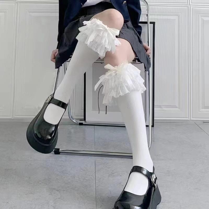 Stylish Lace Trimmed Long Socks Having Ribbon Detail Daily Lovely Socks Perfect For School Uniform And Cute Daily Wear