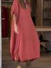 New Women's Summer Breeze Loose Casual Solid Color Short Sleeve Cotton Linen Dress