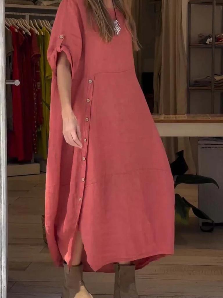 New Women's Summer Breeze Loose Casual Solid Color Short Sleeve Cotton Linen Dress