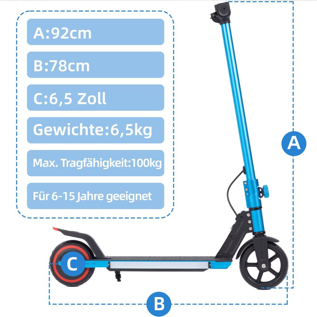 City Scooter Kids Scooter 6.5'' E-Scooter for 6-12 Years 60Wh, max. 5-8km, foldable, Load Capacity 50 kg, 14km/h, with Lighting, EBS+Foot Brake