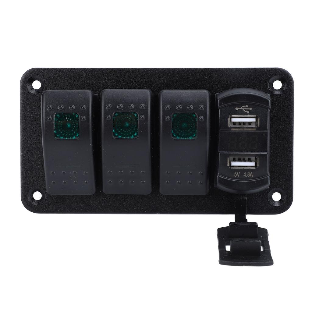 12V 24V 3 Gang Rocker Switch Aluminum Panel with Voltmeter Dual USB Fast Charging Multifuntional Switch Panel for Boat