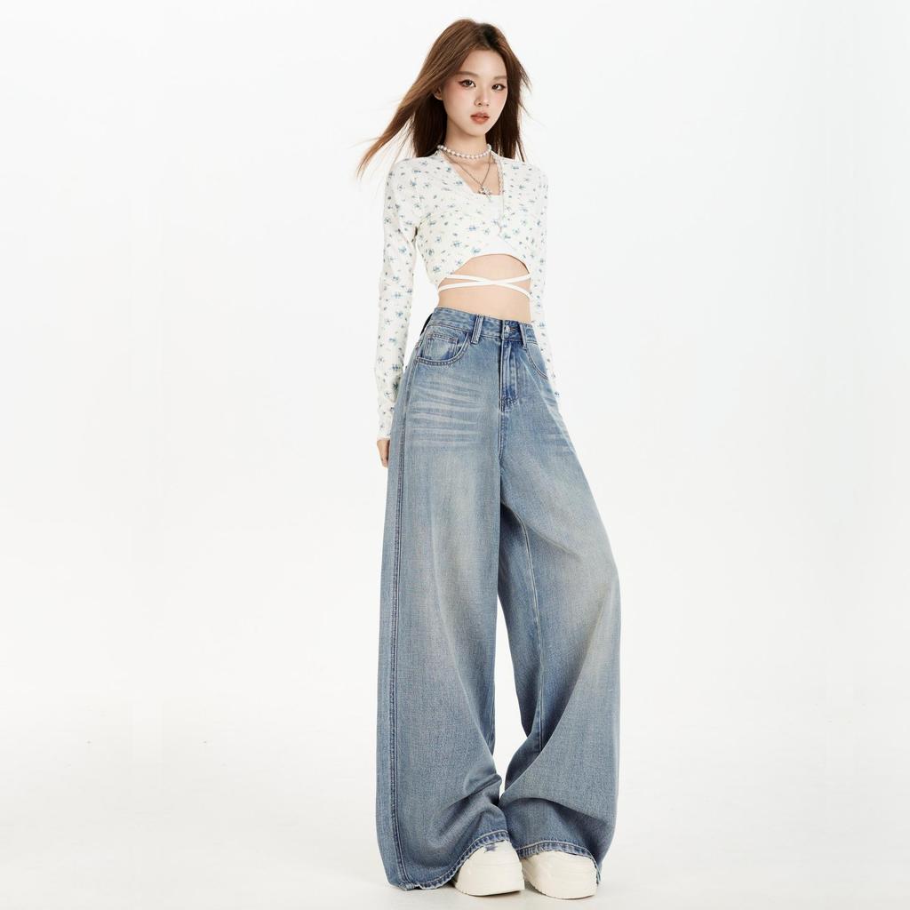 Autumn Women's Wide-Leg Jeans - Wrinkled Cat Whisker Design with Draped Look