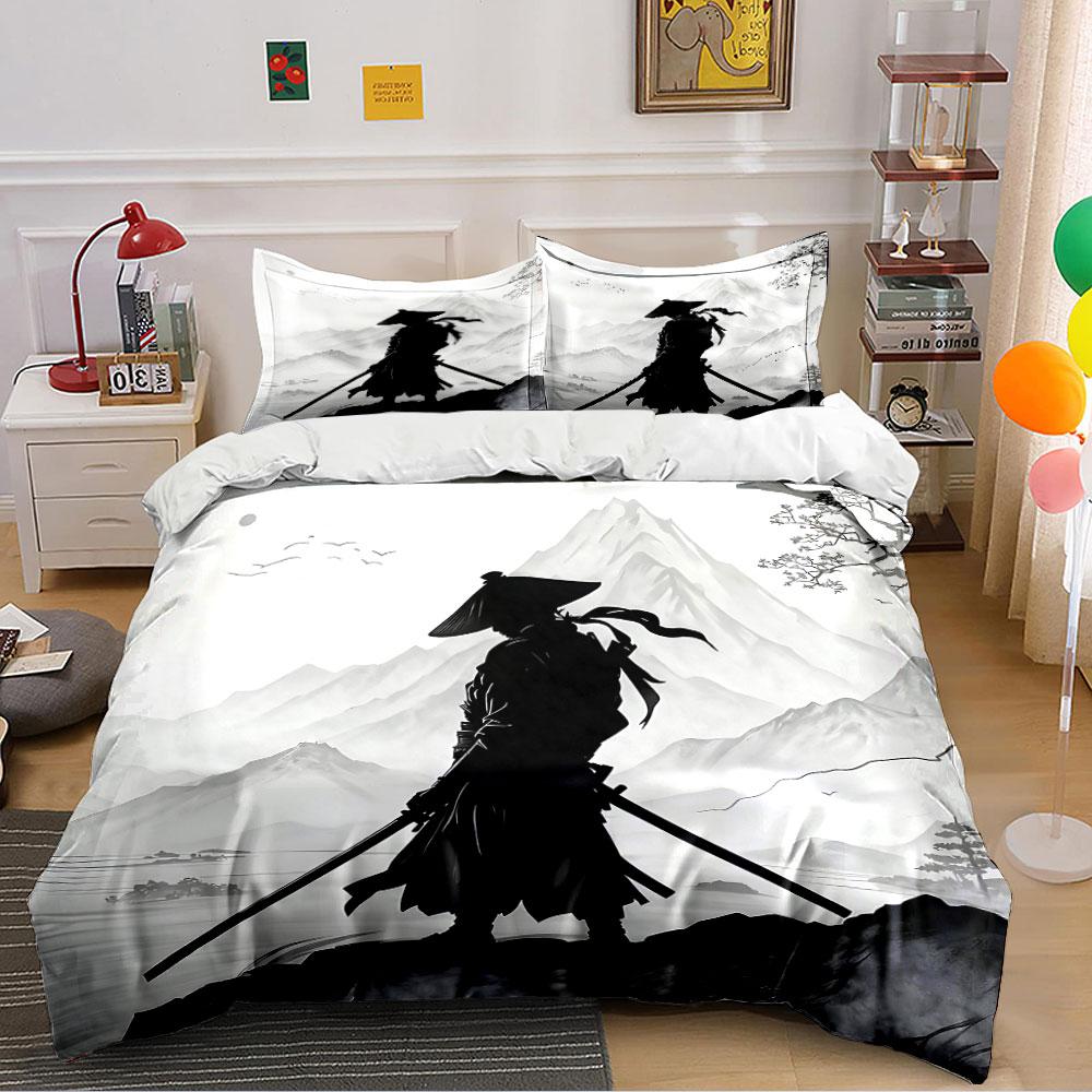 Samurai Silhouette with Swords Bedding Duvet Cover Set (1*Duvet Cover 2*Pillowcases, Without Duvet Insert)