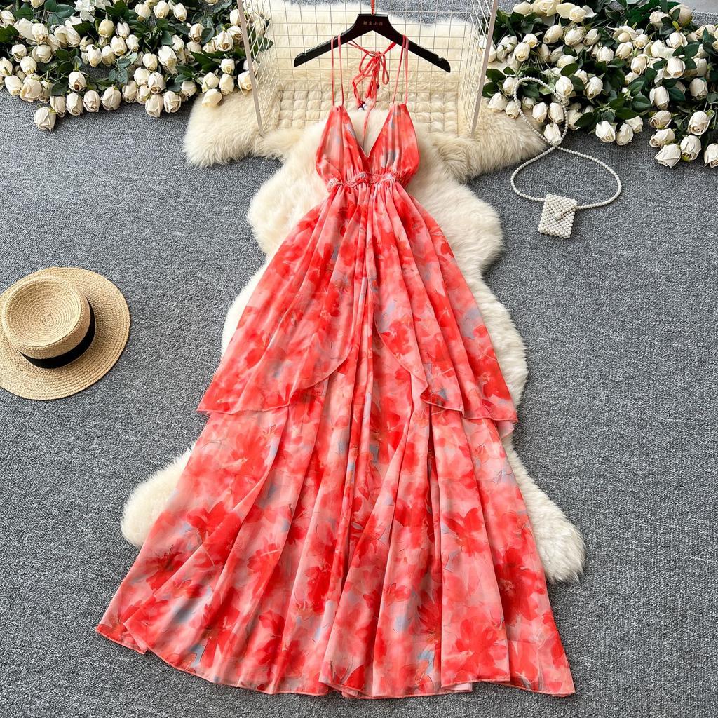 French sexy deep V-neck neck suspender dress women's summer waist temperament ruffle edge pendulum print dress