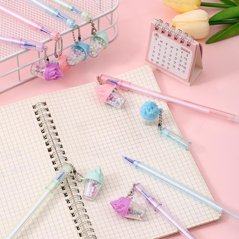 15Pcs Cute Ice Cream Drift Bottle Tassel Decor Erasable Black Neutral Pen Stationery Gift 0.5mm Writing Pen Kawaii School Supplies
