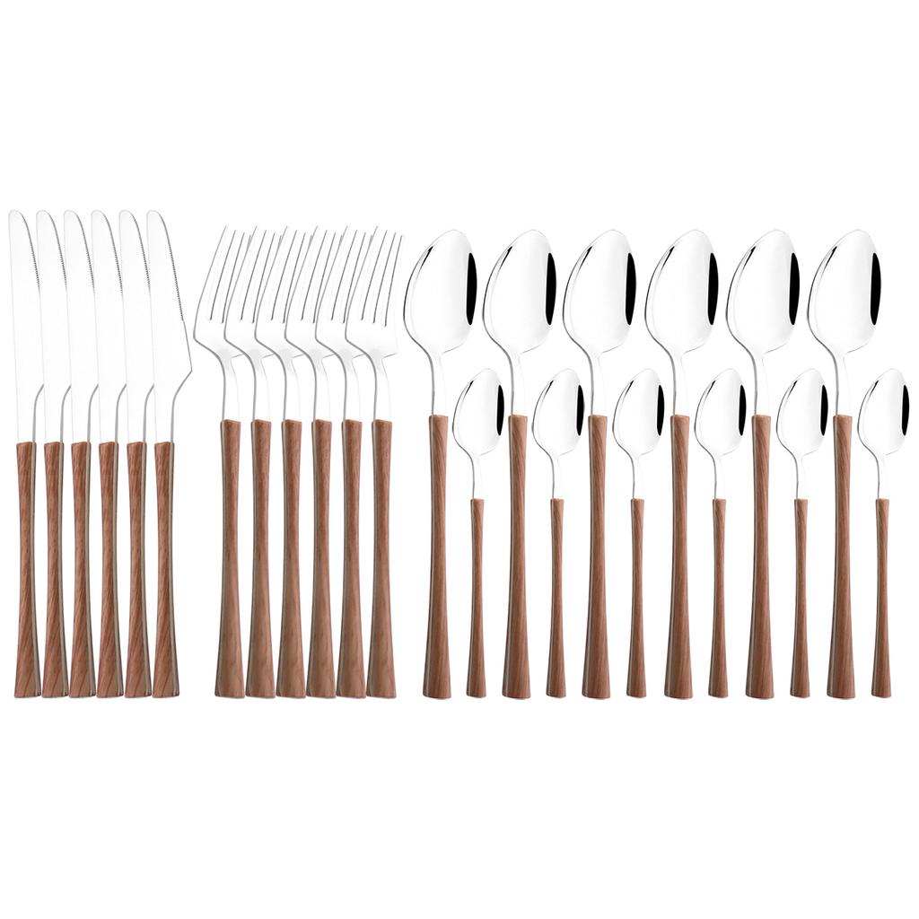 High Quality Black Gold Stainless Steel Dinnerware New Imitation Wood Handle Cutlery Set Knife Fork Coffee Spoon Tableware Kitchen Silverware