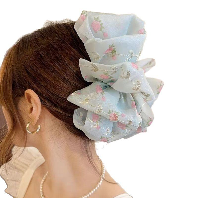 Elegant Floral Mesh Bow Claw Clip - Large Cloud Bubble Hair Accessory for Women