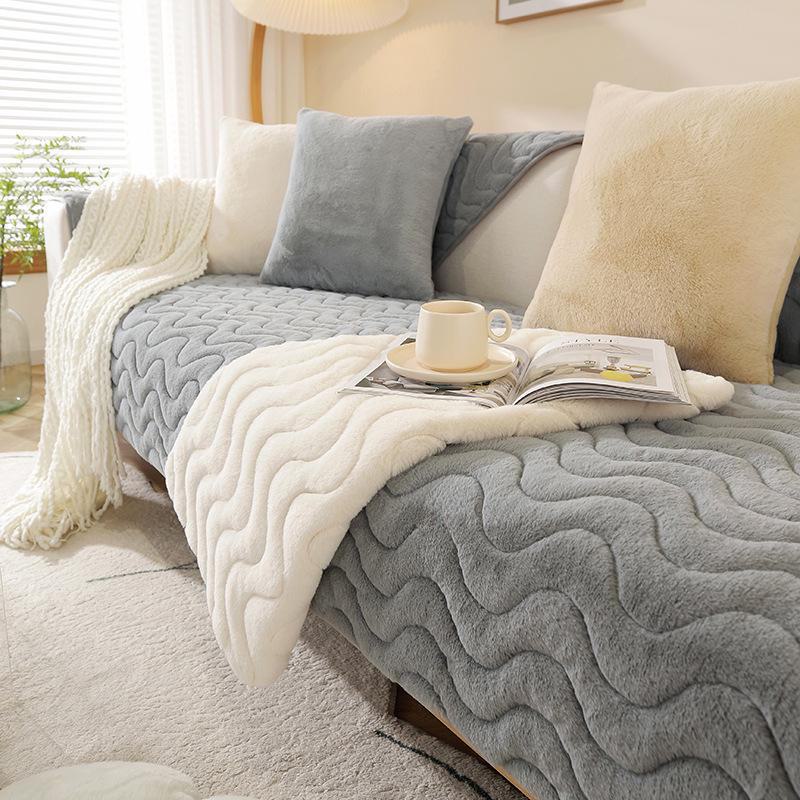 Thick Plush Striped Winter Sofa Cushion - Non-Slip, Soft, Imitation Rabbit Fur