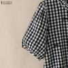 ZANZEA Dames Casual Blouse met Ruitjesprint, Ronde Hals en Korte Mouwen