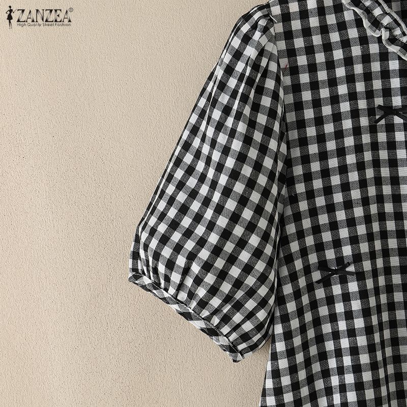 ZANZEA Dames Casual Blouse met Ruitjesprint, Ronde Hals en Korte Mouwen