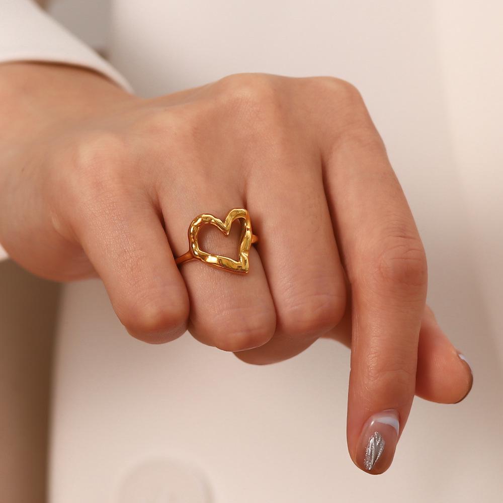 Personalized Heart-Shaped Textured Ring, 18K Gold Plated Stainless Steel