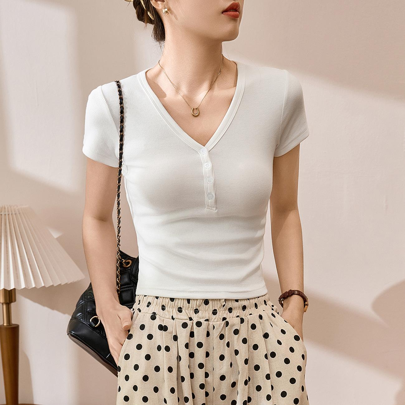 

Футболка с V-образным вырезом на пуговицах, женская, с короткими рукавами, летняя, новая, с высокой талией XXL