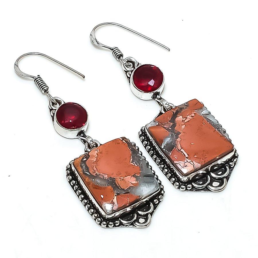 Natural Maligano Jasper, Garnet 925 Sterling Silver Jewelry Earring 2.36" f7C13