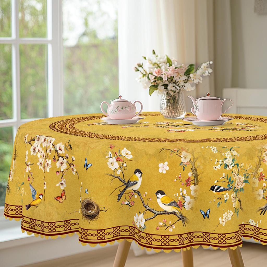 1 Piece Retro Style Flower And Bird Print Round Tablecloth, 5 Sizes Available, Square Tablecloth With Retro Shading Plum Blossom Flower And Bird Print