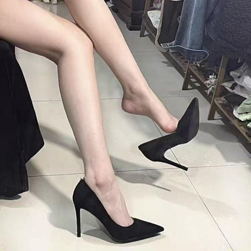 Shoes Women's French Pointed Single Shoes Black Suede High Heels Summer and Autumn New Fashion Temperament Versatile