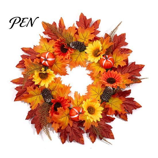 Holiday Party Supplies Fall Sunflower Maple Leaf Wreath with Pumpkin Pinecone, Thanksgiving Harvest Artificial Faux Garland Wreath, Indoor Outdoor