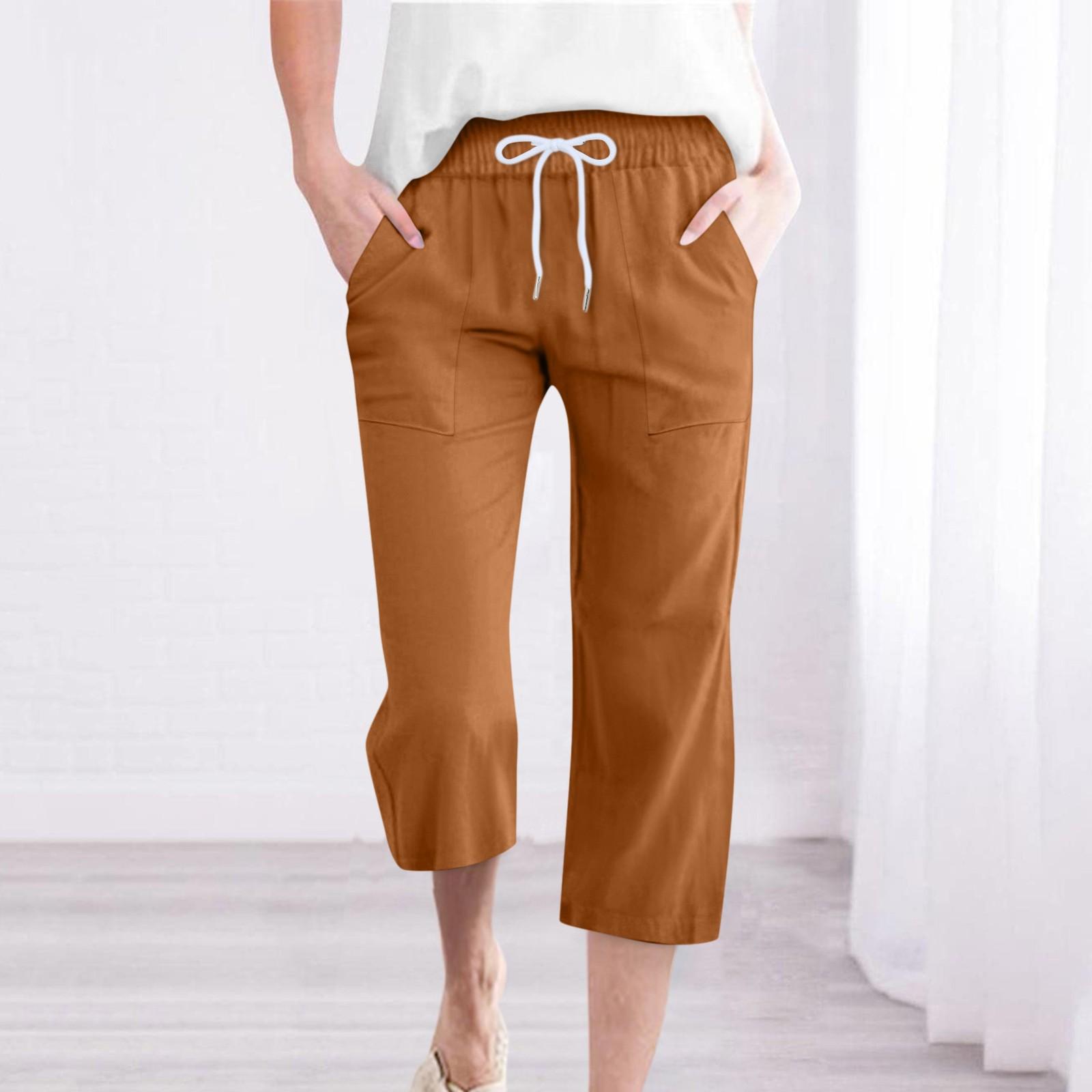 

Штани для жінок. Повсякденні літні штани з бавовни та льону. Вільні штани. Штани з кишенями. L коричневий