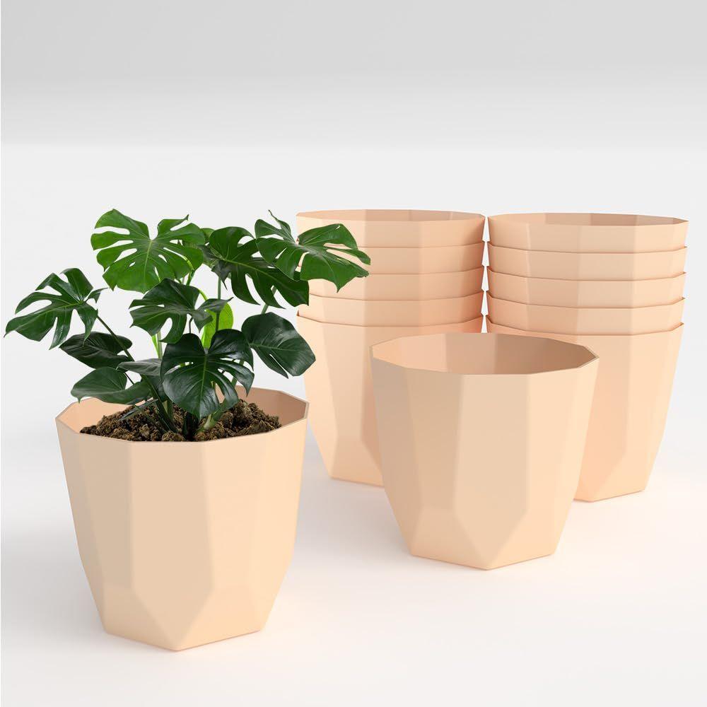 Hexa Plastic Flower Pot with Drainage Holes Round Planter Pot Suitable for Indoor Outdoor Kitchen Garden (Beige, 6 INCH - 12 Pcs)