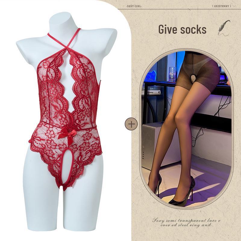 Women's Open Crotch See-Through Lace Bodysuit with Pearl Detail