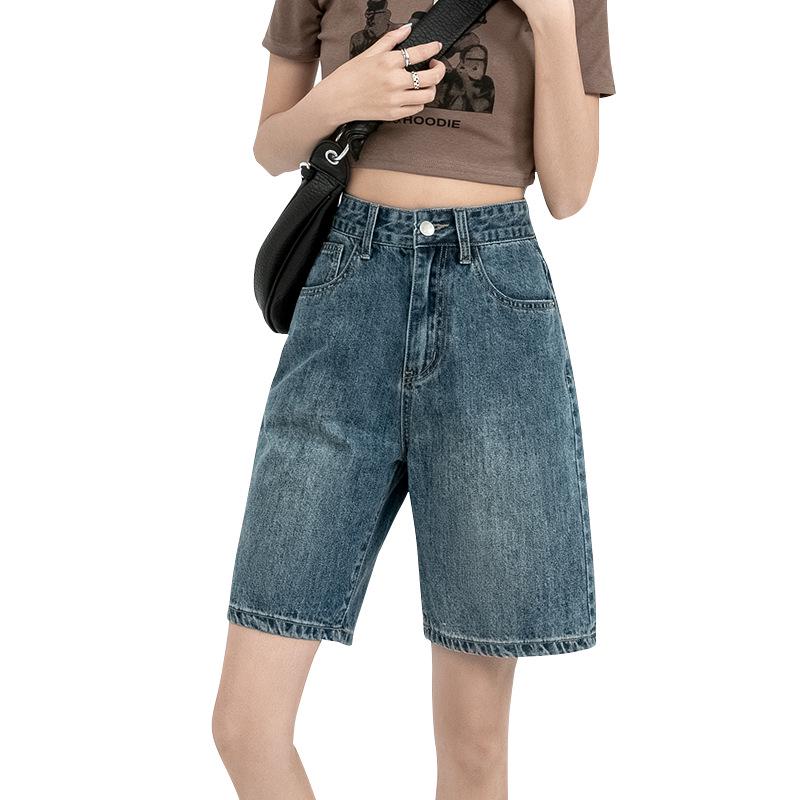 Women's High-Waist Retro Denim Shorts: Loose, Straight-Leg, 5-Point Mid-Length, Hong Kong & Japanese Style for Spring & Summer
