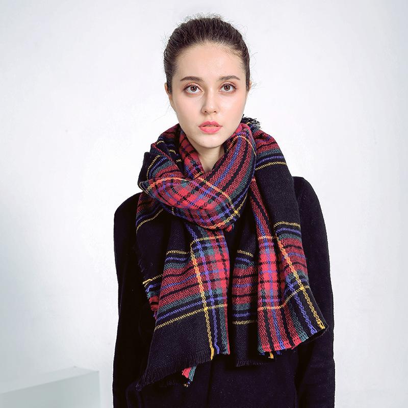 Style Plaid Scarf Women's Autumn and Winter Thick Wind Black Color Striped Imitation Cashmere Shawl