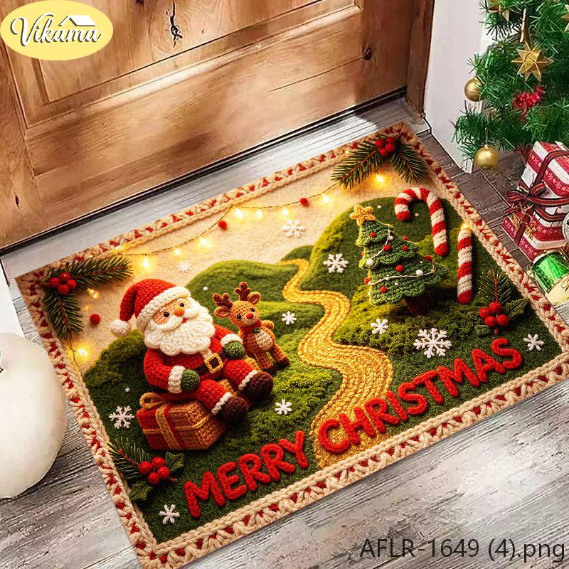 Merry Christmas Doormat, Woven-Style Santa and Reindeer Design, Non-Slip and Machine-Washable Entryway Rug, Home Decor