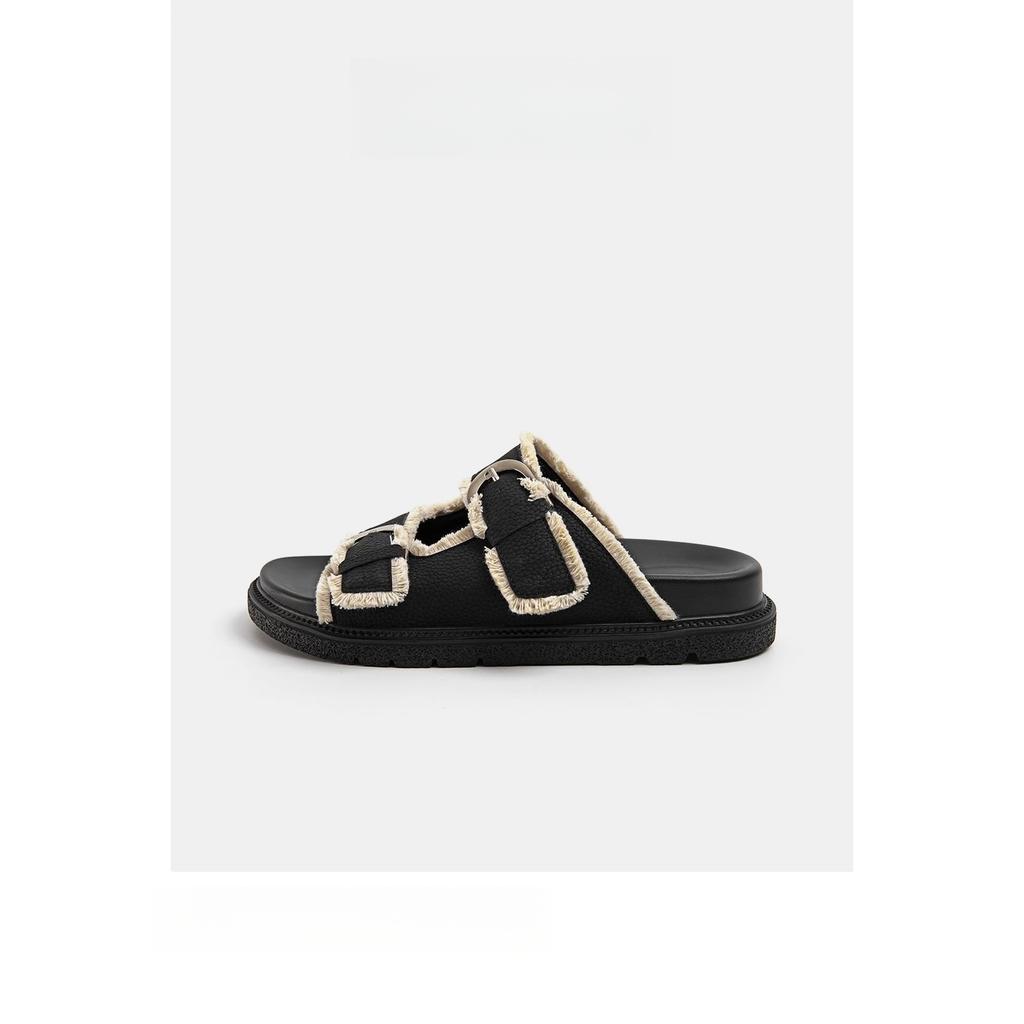 Ruoji 2025 spring and summer sandals one-word buckle rough edge upper wear beach casual shoes flat comfortable and lightweight