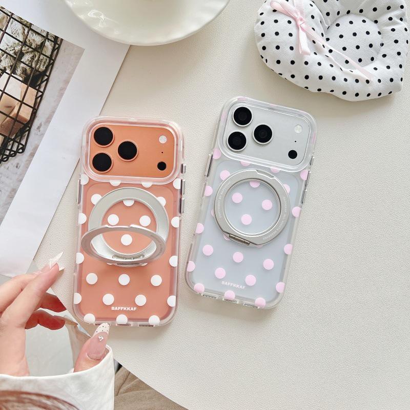 Simple White & Pink Polka Dot 360° Bracket for Apple 17 Pro Max, 16 Pro Max, 15 Pro - Double Layer Protection