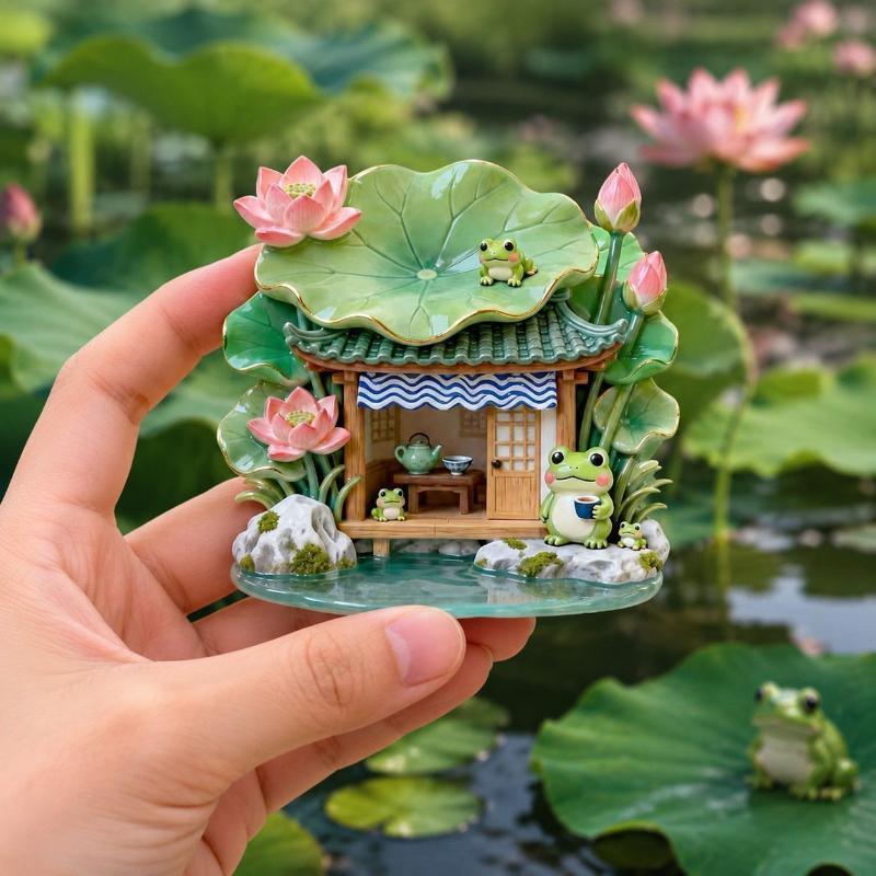 Cute Frog Tea House Fridge Magnet 3D Resin Refrigerator Sticker Lovely Lotus Embossed Decor Magnet For Kitchen Home Decoration