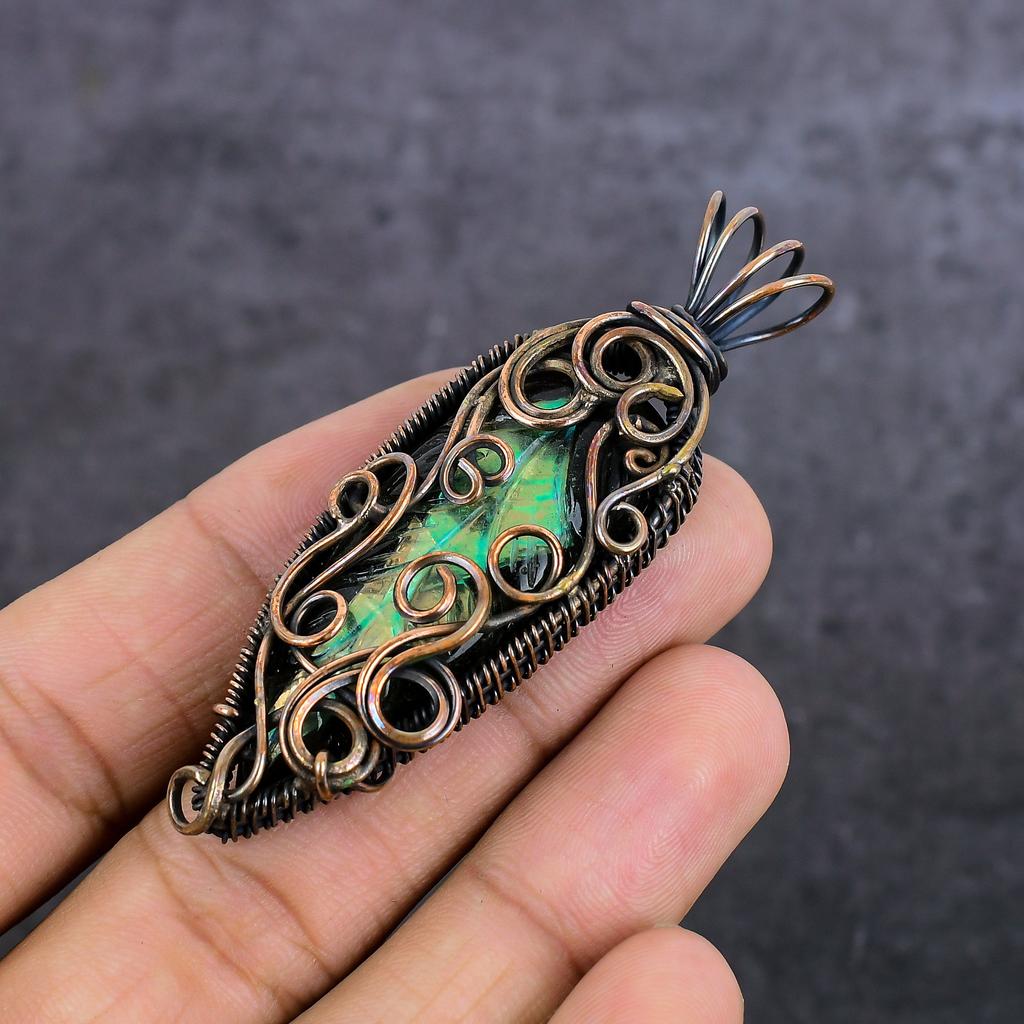 Natural Dichroic Glass Gemstone Copper Wire Wrap Jewelry Pendant 2.84" T7q02