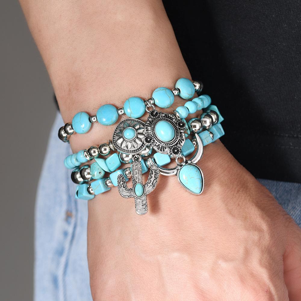 Türkis Schmuck, Damen Armbänder, Böhmische Türkis Retro Perlenarmbänder, Gestapeltes Set Armbänder.