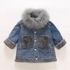 Patchworkowe kieszenie aksamitna gruba kurtka dżinsowa dla nastoletnich dziewcząt zimowe ciepłe duże futrzane dżinsy z kapturem płaszcz dzieci bomber kurtki nastolatek
