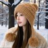 Lazy Wind Thickened Double-layer Ear Protection and Cold-proof Three-fur Ball Rabbit Fur Hat Plus Velvet Face Protection Knitted Hat