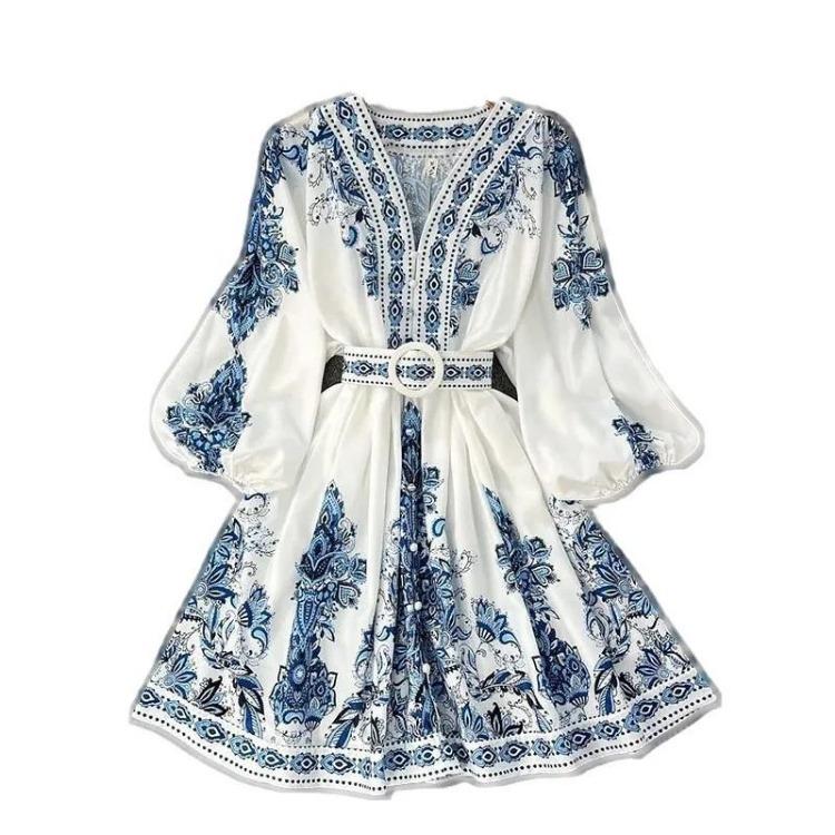 

New Autumn Women Bohemian Dress Blue Print V-Neck Long Lantern Sleeve Elegant Belt Holiday Vestidos Fashion S бежевый