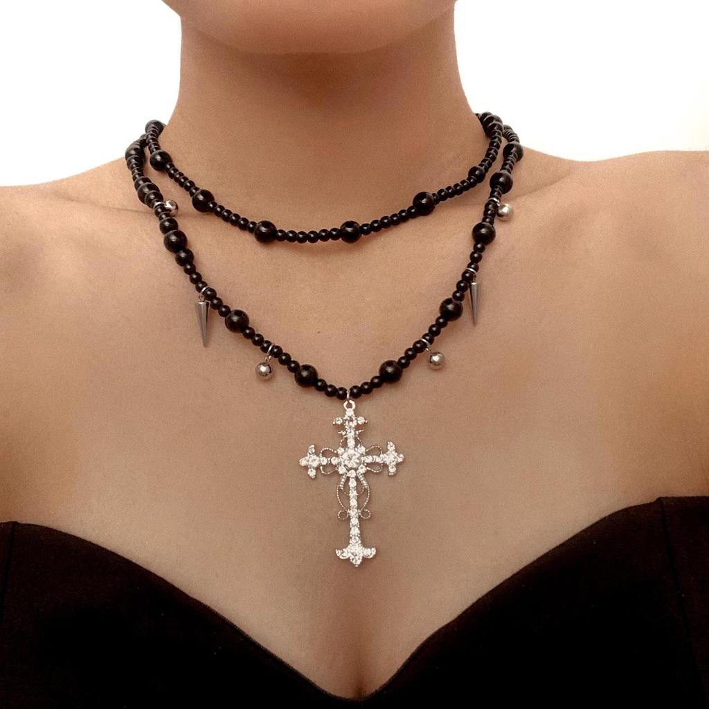 European and American Jewelry Gothic Cross Multi-layer Beaded Necklace Heavy Industry Versatile Medieval Niche Collarbone Chain Women